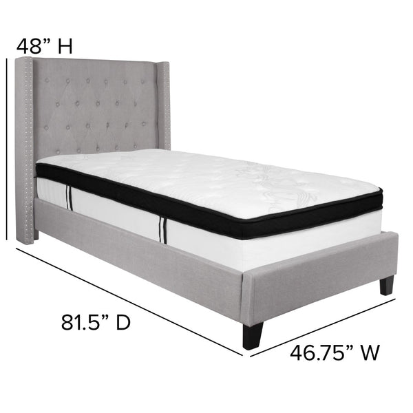 English Elm Twin Size Tufted Upholstered Platform Bed in Fabric with Memory Foam Mattress
