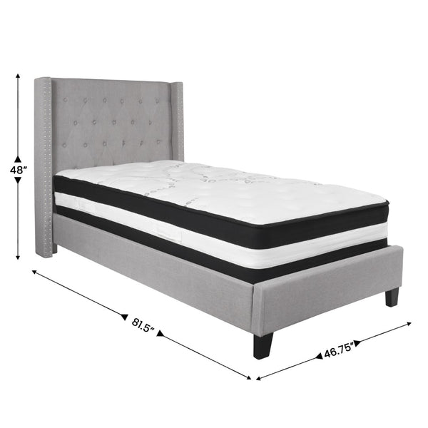 English Elm Twin Size Tufted Upholstered Platform Bed in Fabric with Pocket Spring Mattress