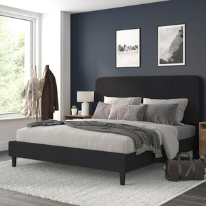 English Elm King Fabric Upholstered Platform Bed - Headboard with Rounded Edges - No Box Spring or Foundation Needed