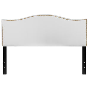 English Elm Upholstered Queen Size Headboard with Accent Nail Trim in Fabric