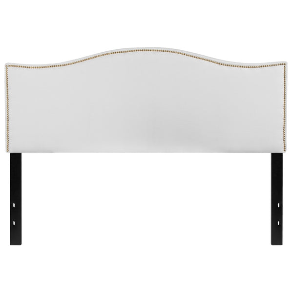 English Elm Upholstered Queen Size Headboard with Accent Nail Trim in Fabric