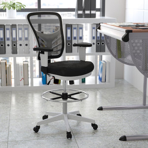 English Elm Commercial Grade Mid-Back Mesh Ergonomic Drafting Chair with Adjustable Chrome Foot Ring, Adjustable Arms and White Frame