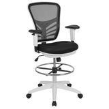 English Elm Commercial Grade Mid-Back Mesh Ergonomic Drafting Chair with Adjustable Chrome Foot Ring, Adjustable Arms and White Frame