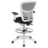 English Elm Commercial Grade Mid-Back Mesh Ergonomic Drafting Chair with Adjustable Chrome Foot Ring, Adjustable Arms and White Frame