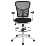 English Elm Commercial Grade Mid-Back Mesh Ergonomic Drafting Chair with Adjustable Chrome Foot Ring, Adjustable Arms and White Frame