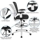 English Elm Commercial Grade Mid-Back Mesh Ergonomic Drafting Chair with Adjustable Chrome Foot Ring, Adjustable Arms and White Frame