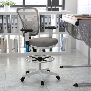 English Elm Commercial Grade Mid-Back Light Mesh Ergonomic Drafting Chair with Adjustable Chrome Foot Ring, Adjustable Arms and White Frame