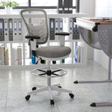 Commercial Grade Mid-Back Light Mesh Ergonomic Drafting Chair with Adjustable Chrome Foot Ring, Adjustable Arms and White Frame