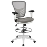 English Elm Commercial Grade Mid-Back Light Mesh Ergonomic Drafting Chair with Adjustable Chrome Foot Ring, Adjustable Arms and White Frame