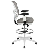 English Elm Commercial Grade Mid-Back Light Mesh Ergonomic Drafting Chair with Adjustable Chrome Foot Ring, Adjustable Arms and White Frame