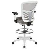 English Elm Commercial Grade Mid-Back Light Mesh Ergonomic Drafting Chair with Adjustable Chrome Foot Ring, Adjustable Arms and White Frame