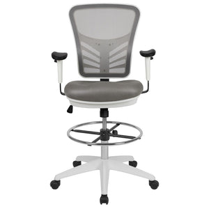 English Elm Commercial Grade Mid-Back Light Mesh Ergonomic Drafting Chair with Adjustable Chrome Foot Ring, Adjustable Arms and White Frame