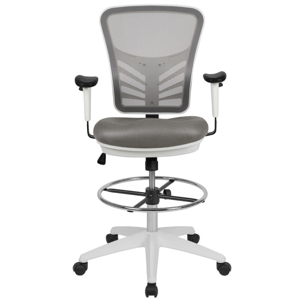 English Elm Commercial Grade Mid-Back Light Mesh Ergonomic Drafting Chair with Adjustable Chrome Foot Ring, Adjustable Arms and White Frame
