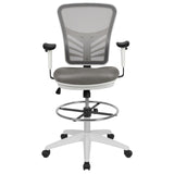 English Elm Commercial Grade Mid-Back Light Mesh Ergonomic Drafting Chair with Adjustable Chrome Foot Ring, Adjustable Arms and White Frame