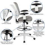 English Elm Commercial Grade Mid-Back Light Mesh Ergonomic Drafting Chair with Adjustable Chrome Foot Ring, Adjustable Arms and White Frame