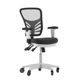 English Elm Commercial Grade Mid-Back Mesh Multifunction Executive Ergonomic Office Chair with Adjustable Arms, Transparent Roller Wheels, and White Frame