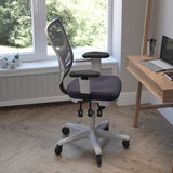 English Elm Commercial Grade Mid-Back Dark Mesh Multifunction Executive Ergonomic Chair with Adjustable Arms, Transparent Roller Wheels, and White Frame