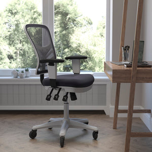 English Elm Commercial Grade Mid-Back Dark Mesh Multifunction Executive Ergonomic Chair with Adjustable Arms, Transparent Roller Wheels, and White Frame