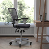 Commercial Grade Mid-Back Dark Mesh Multifunction Executive Ergonomic Chair with Adjustable Arms, Transparent Roller Wheels, and White Frame