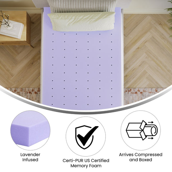 English Elm 3 Inch Lavender Infused Twin XL Memory Foam Mattress Topper with Ventilated Design and CertiPUR-US Certified Foam
