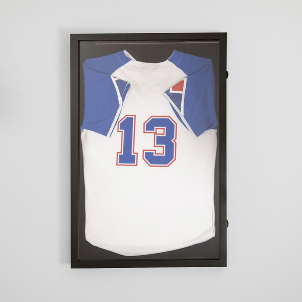 English Elm 24x36 Jersey Display Case with Solid Pine Wood Frame, Velvet Backing Board, and Anti-Theft Lock