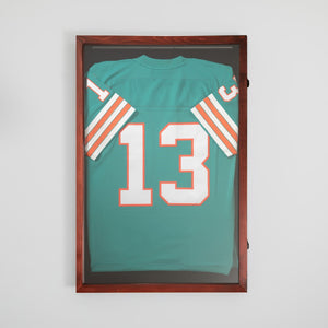 English Elm 24x36 Jersey Display Case with Solid Pine Wood Frame, Velvet Backing Board, and Anti-Theft Lock