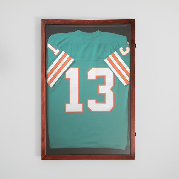 English Elm 24x36 Jersey Display Case with Solid Pine Wood Frame, Velvet Backing Board, and Anti-Theft Lock