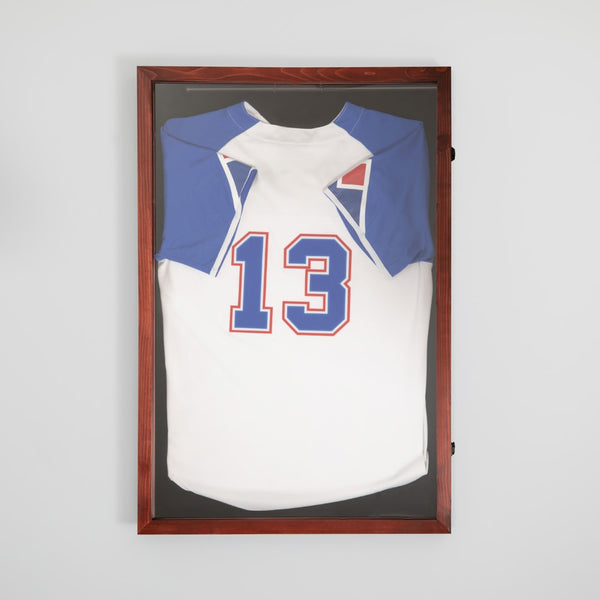 English Elm 24x36 Jersey Display Case with Solid Pine Wood Frame, Velvet Backing Board, and Anti-Theft Lock