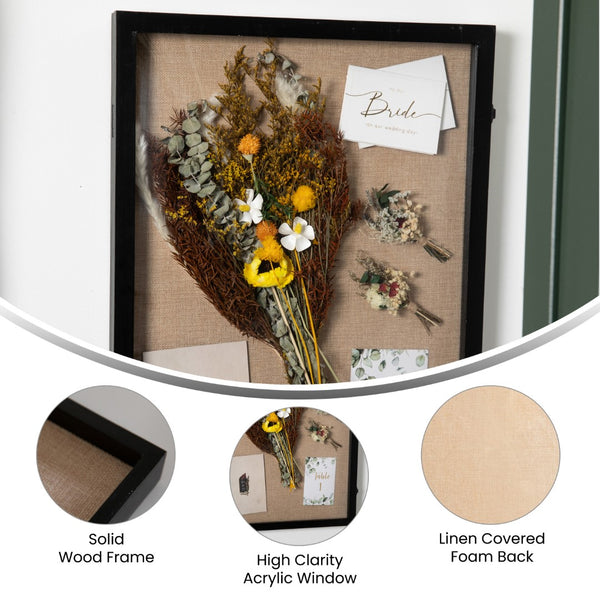 English Elm 18x24 Shadow Box Display Case with Linen Liner, 8 Push Pins and Solid Pine Wood Frame