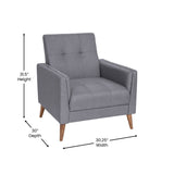 English Elm Mid-Century Modern Commercial Grade Armchair with Tufted Faux Linen Upholstery & Solid Wood Legs