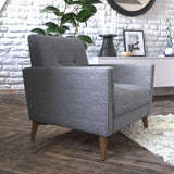 English Elm Mid-Century Modern Commercial Grade Armchair with Tufted Faux Linen Upholstery & Solid Wood Legs