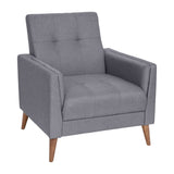 English Elm Mid-Century Modern Commercial Grade Armchair with Tufted Faux Linen Upholstery & Solid Wood Legs