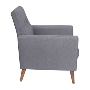 English Elm Mid-Century Modern Commercial Grade Armchair with Tufted Faux Linen Upholstery & Solid Wood Legs
