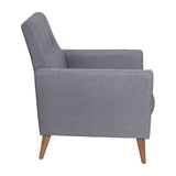 English Elm Mid-Century Modern Commercial Grade Armchair with Tufted Faux Linen Upholstery & Solid Wood Legs