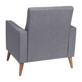 English Elm Mid-Century Modern Commercial Grade Armchair with Tufted Faux Linen Upholstery & Solid Wood Legs