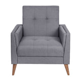 English Elm Mid-Century Modern Commercial Grade Armchair with Tufted Faux Linen Upholstery & Solid Wood Legs