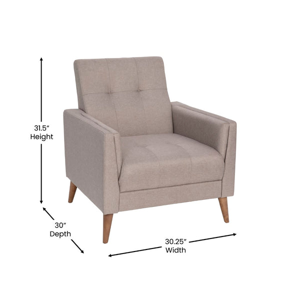 English Elm Mid-Century Modern Commercial Grade Armchair with Tufted Faux Linen Upholstery & Solid Wood Legs