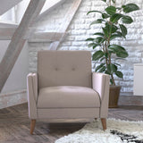 English Elm Mid-Century Modern Commercial Grade Armchair with Tufted Faux Linen Upholstery & Solid Wood Legs