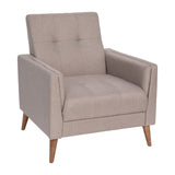 English Elm Mid-Century Modern Commercial Grade Armchair with Tufted Faux Linen Upholstery & Solid Wood Legs