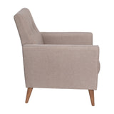 English Elm Mid-Century Modern Commercial Grade Armchair with Tufted Faux Linen Upholstery & Solid Wood Legs