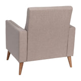 English Elm Mid-Century Modern Commercial Grade Armchair with Tufted Faux Linen Upholstery & Solid Wood Legs