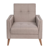 English Elm Mid-Century Modern Commercial Grade Armchair with Tufted Faux Linen Upholstery & Solid Wood Legs