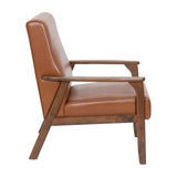 English Elm Commercial Grade LeatherSoft Upholstered Mid Century Modern Arm Chair with Walnut Finished Wooden Frame and Arms in Cognac