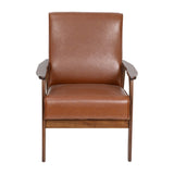 English Elm Commercial Grade LeatherSoft Upholstered Mid Century Modern Arm Chair with Walnut Finished Wooden Frame and Arms in Cognac