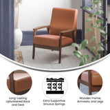 English Elm Commercial Grade LeatherSoft Upholstered Mid Century Modern Arm Chair with Walnut Finished Wooden Frame and Arms in Cognac