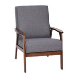 English Elm Commercial Grade Faux Linen Upholstered Mid Century Modern Arm Chair with Walnut Finished Wooden Frame and Arms in