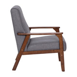 English Elm Commercial Grade Faux Linen Upholstered Mid Century Modern Arm Chair with Walnut Finished Wooden Frame and Arms in