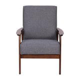 English Elm Commercial Grade Faux Linen Upholstered Mid Century Modern Arm Chair with Walnut Finished Wooden Frame and Arms in