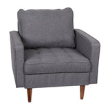 English Elm Mid-Century Modern Commercial Grade Armchair with Tufted Faux Linen Upholstery & Solid Wood Legs