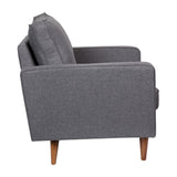 English Elm Mid-Century Modern Commercial Grade Armchair with Tufted Faux Linen Upholstery & Solid Wood Legs